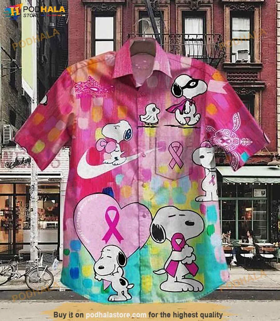 Playful Snoopy Aloha Hawaiian Shirt For Breast Cancer Awareness, Colorful Design