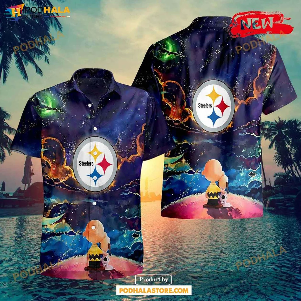 Playful Snoopy Aloha Shirt With Pittsburgh Steelers Logo, Cosmic Design Tropical Shirt