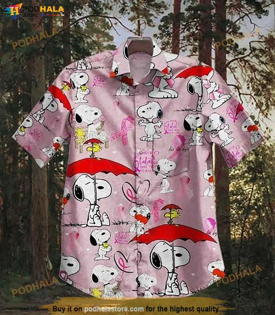 Playful Snoopy Floral Hawaiian Shirt For Breast Cancer Awareness, Colorful Design