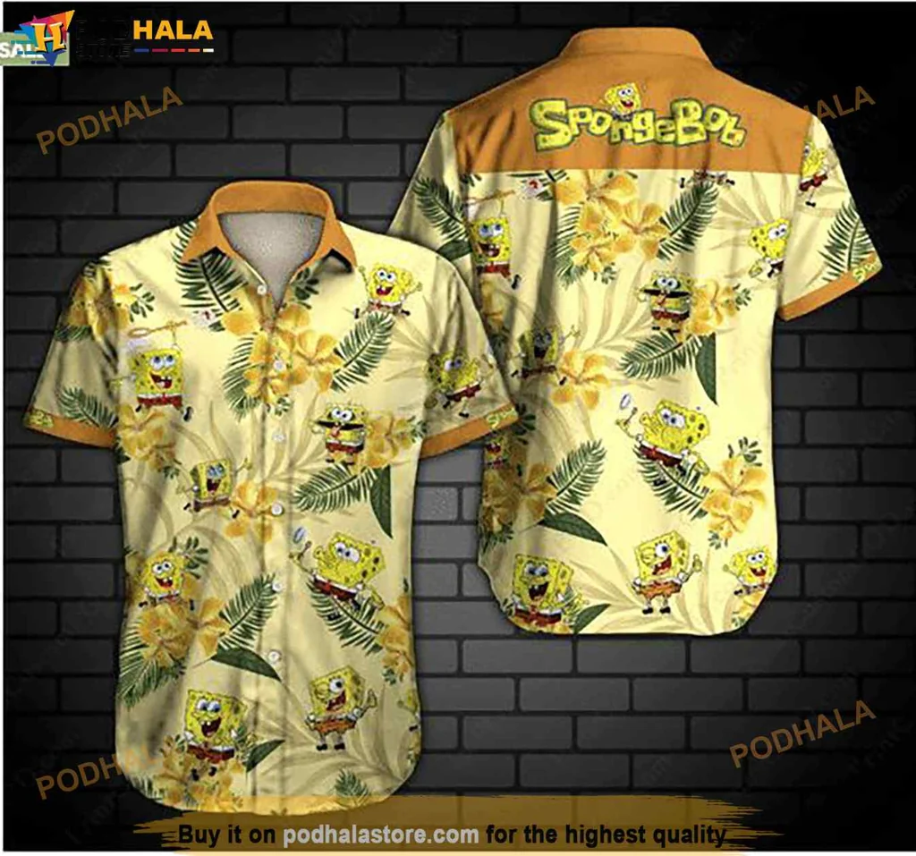 Playful Spongebob Hawaiian Shirt With Tropical Pattern, Vibrant Colors And Fun Design