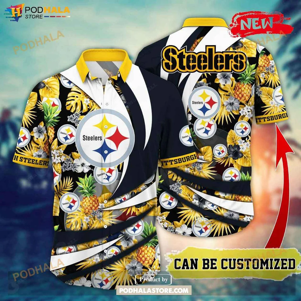 Playful Steelers Aloha Shirt, Personalized Name Summer Football Design Shirt