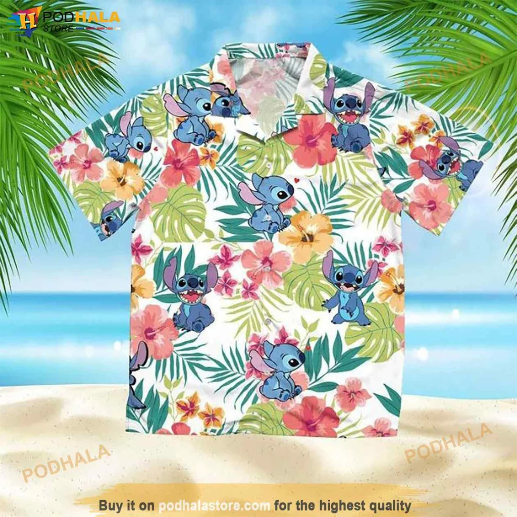 Playful Stitch Fan Hawaiian Shirt, Vibrant Tropical Design With Stitch And Flowers