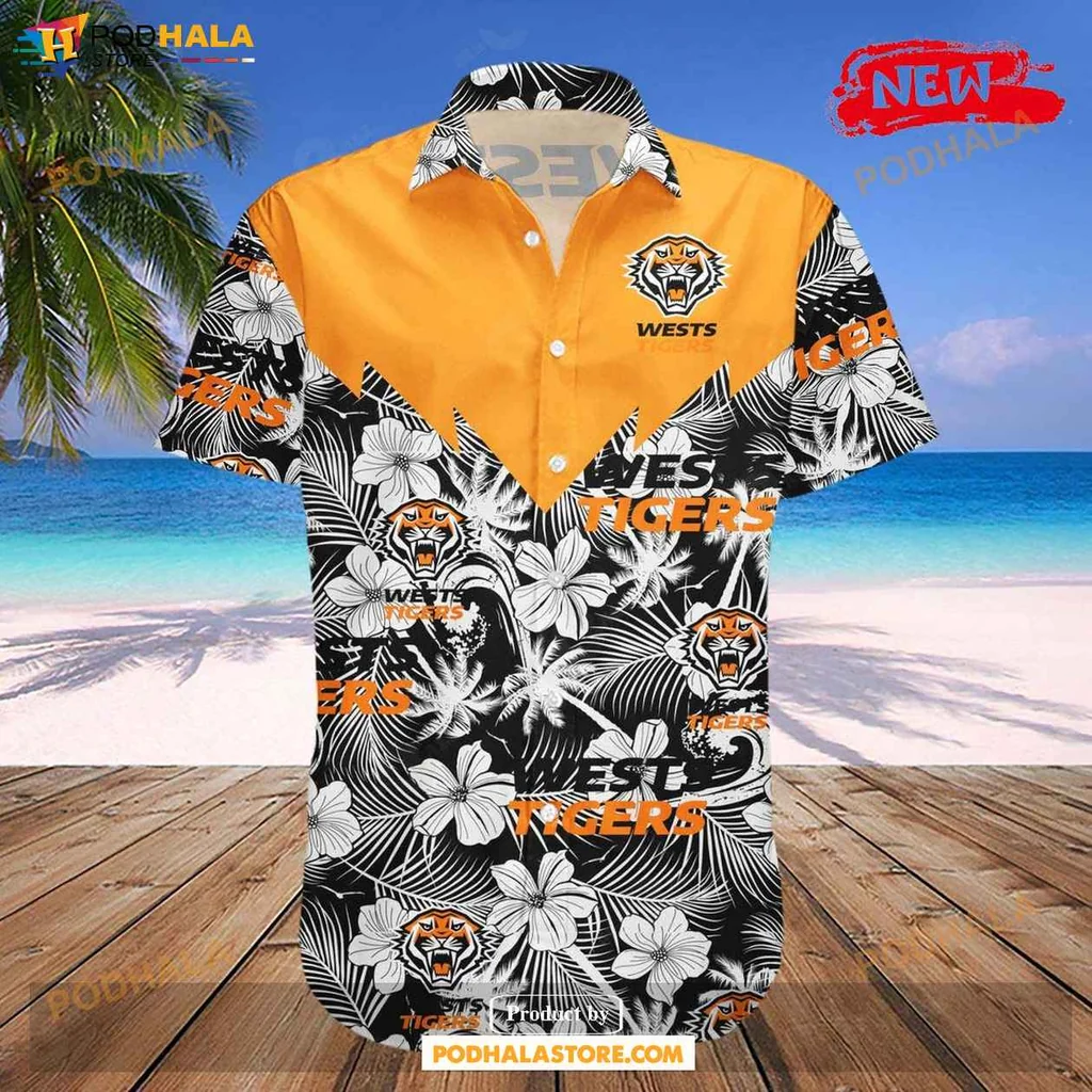 Playful Tiger Aloha Shirt, Wests Tigers Tropical Floral Shirt With Orange Accents