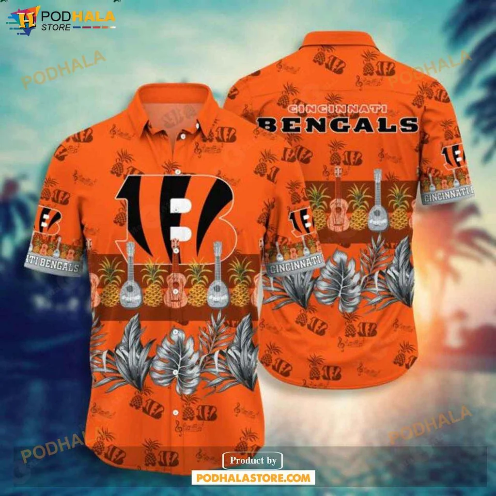 Playful Tropical Bengals Hawaiian Shirt, Vibrant Orange With Palm Trees And Logo