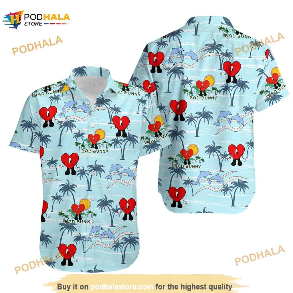 Playful Tropical Cartoon Hawaiian Shirt With Red Hearts And Palm Trees