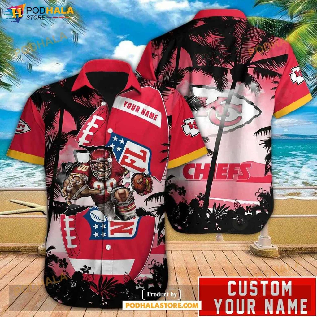 Playful Tropical Chiefs Hawaiian Shirt, Vibrant Palm Tree And Football Design