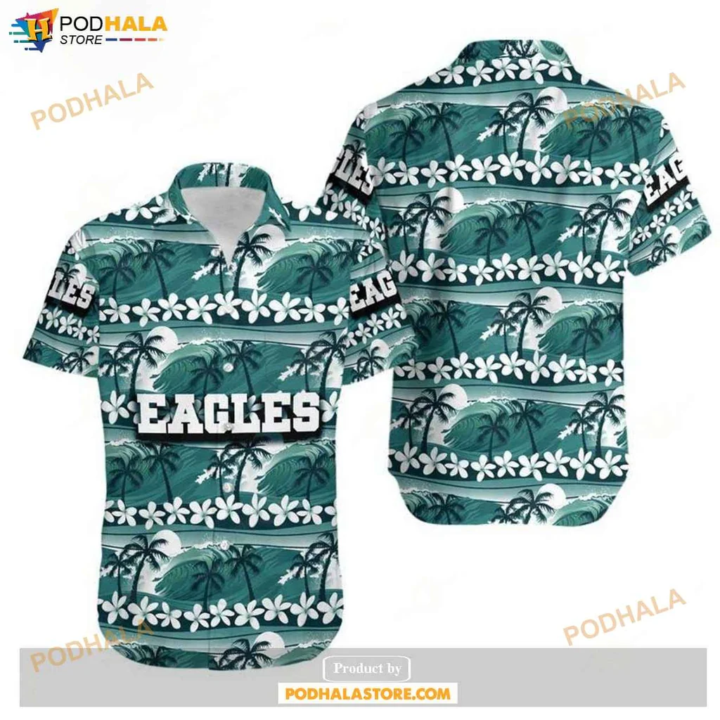 Playful Tropical Eagles Hawaiian Shirt With Coconut Trees And Waves Design