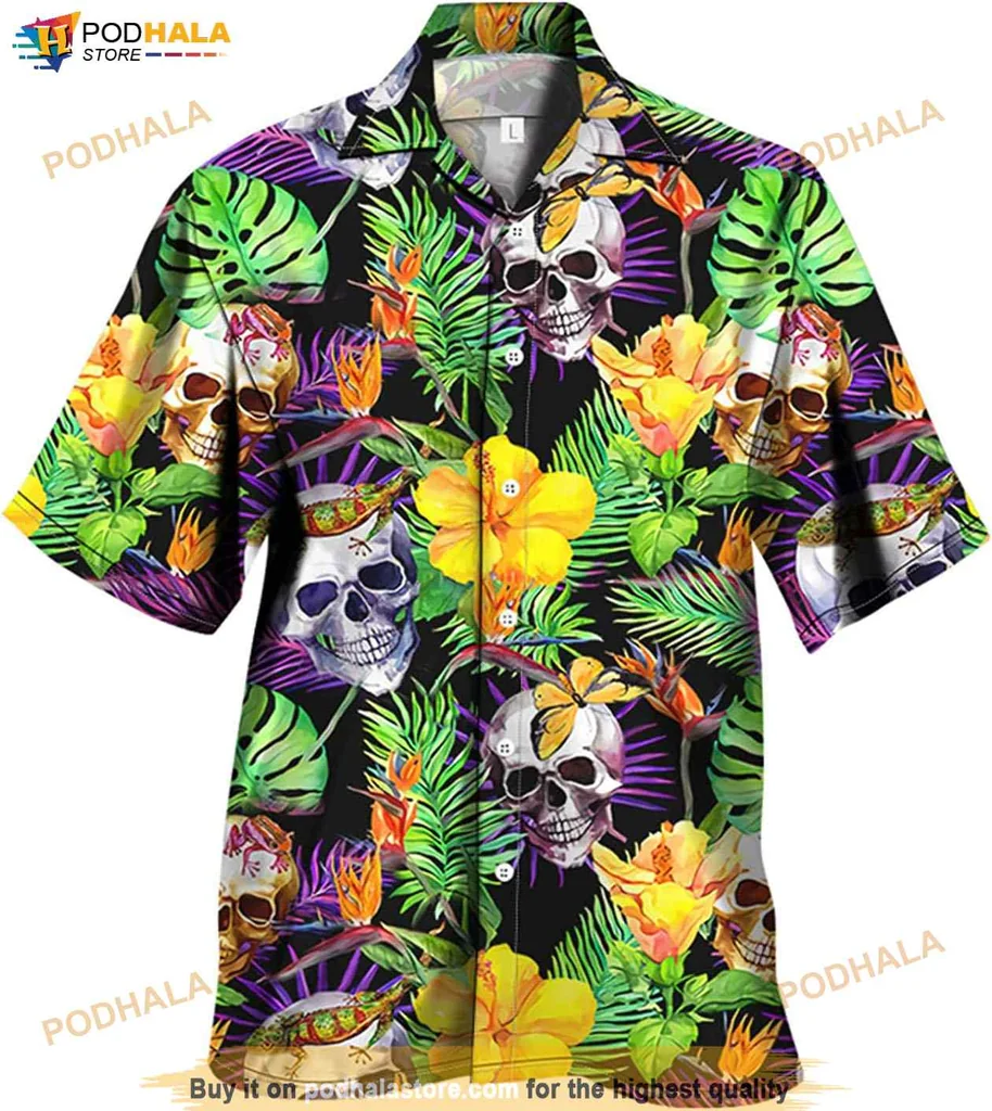 Playful Tropical Skull Hawaiian Shirt, Vibrant Purple Floral Design For Men