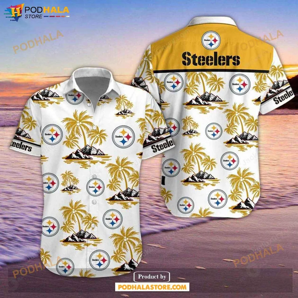 Playful Tropical Steelers Hawaiian Shirt With Palm Trees And Mountains Design