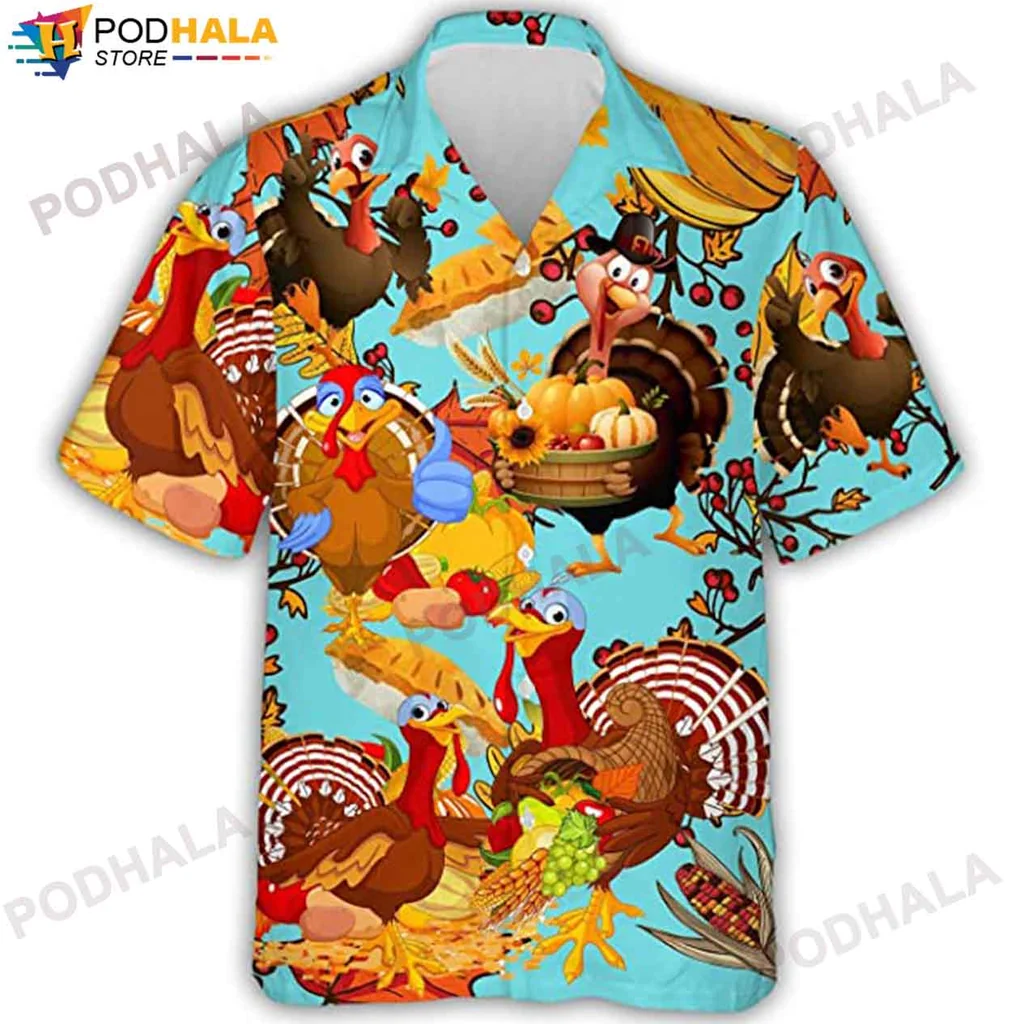 Playful Turkey Cartoon Hawaiian Shirt, Fun Thanksgiving Gift For Family