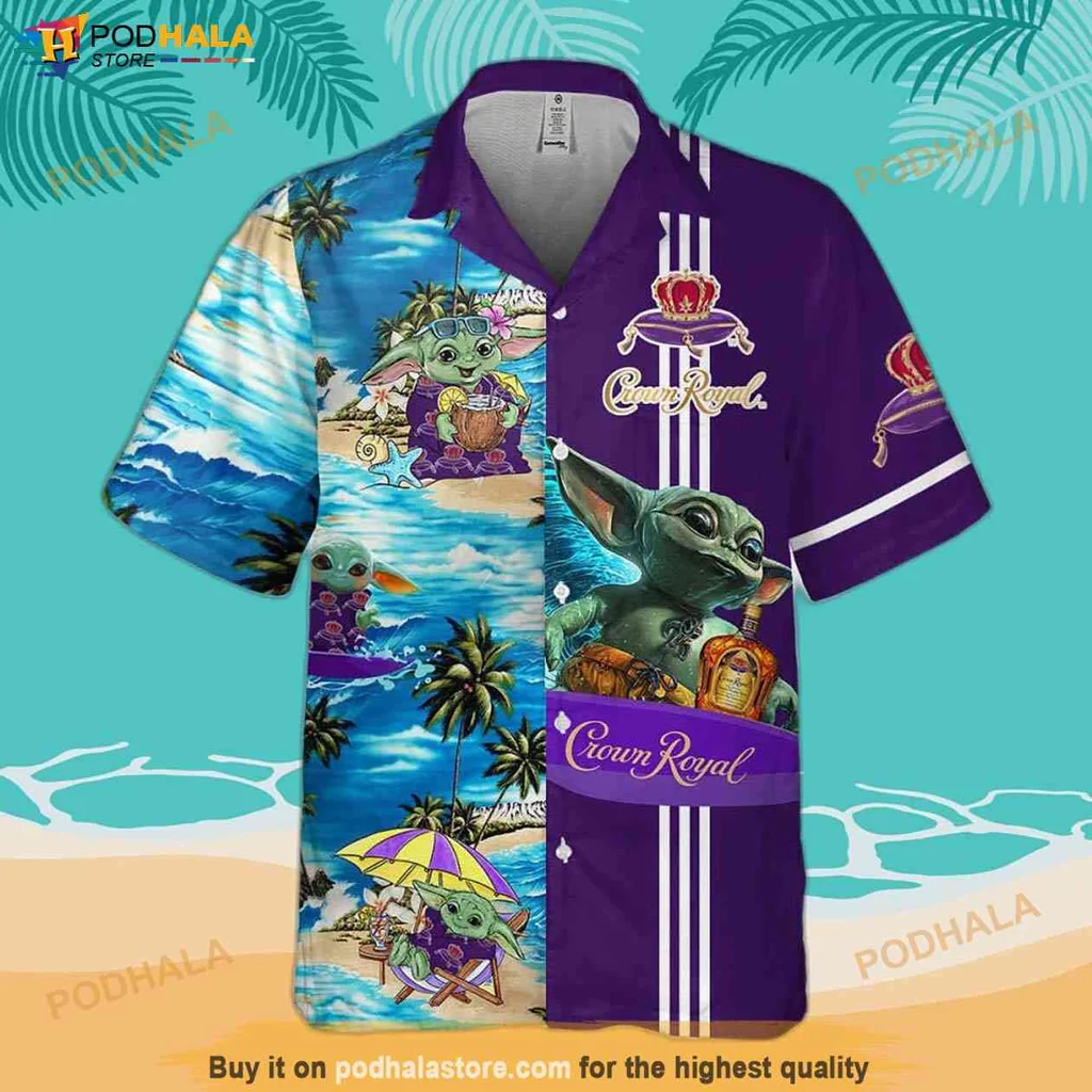 Playful Yoda Tropical Aloha Shirt With Baby Yoda Surfing Design, Vibrant Colors Playful Yoda Tropical Aloha Shirt With Baby Yoda Surfing Design, Vibrant Colors