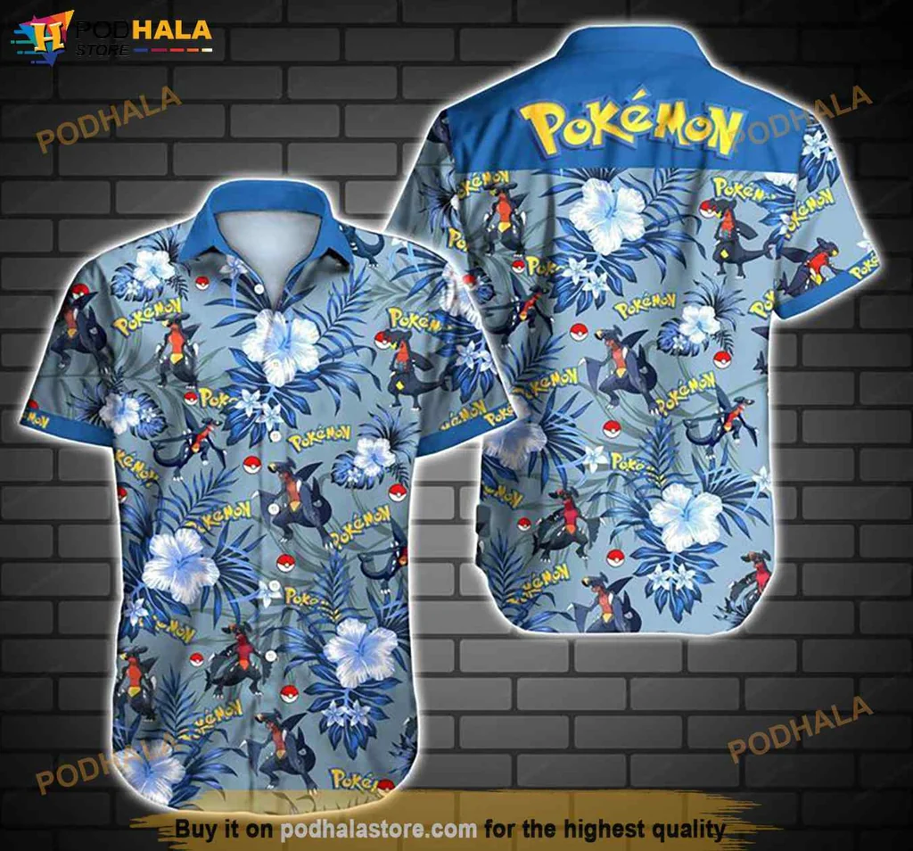 Pokemon Aloha Shirt With Tropical Hibiscus Flowers And Colorful Characters