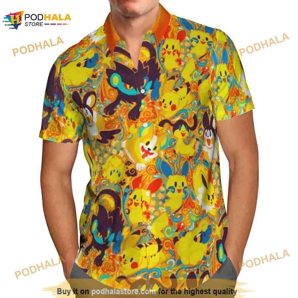 Pokemon Characters Hawaiian Shirt Featuring Vibrant Pikachu Design