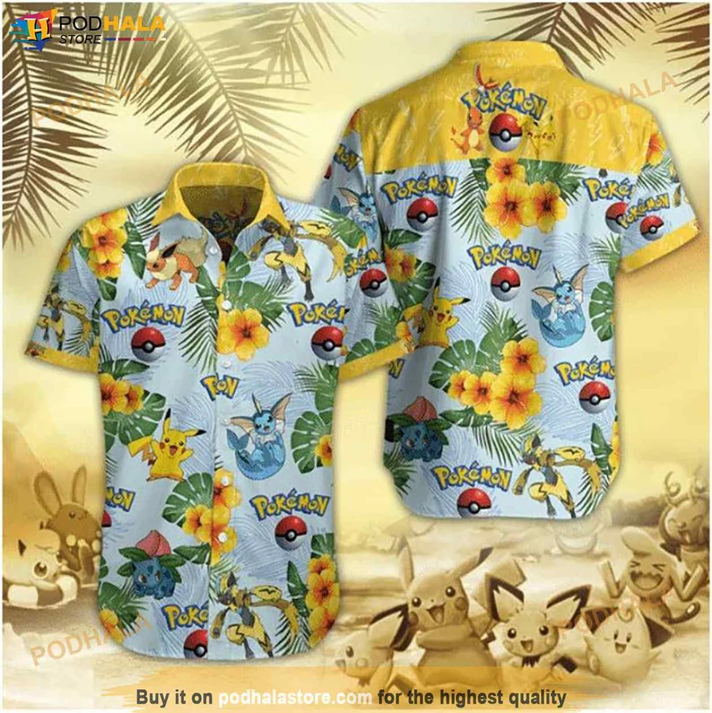 Pokemon Eevee Evolution Hawaiian Shirt With Tropical Floral Design