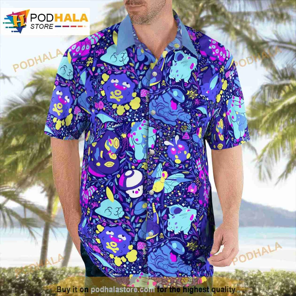 Pokemon Ghost Tropical Short-sleeve button-up shirt With Colorful Cartoon Design Pokemon Ghost Tropical Short-sleeve button-up shirt With Colorful Cartoon Design