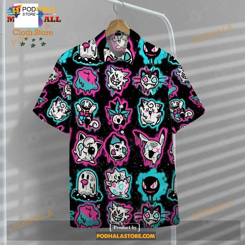 Pokemon Ghost Type Hawaiian Shirt Featuring Glowing Gengar And Gastly