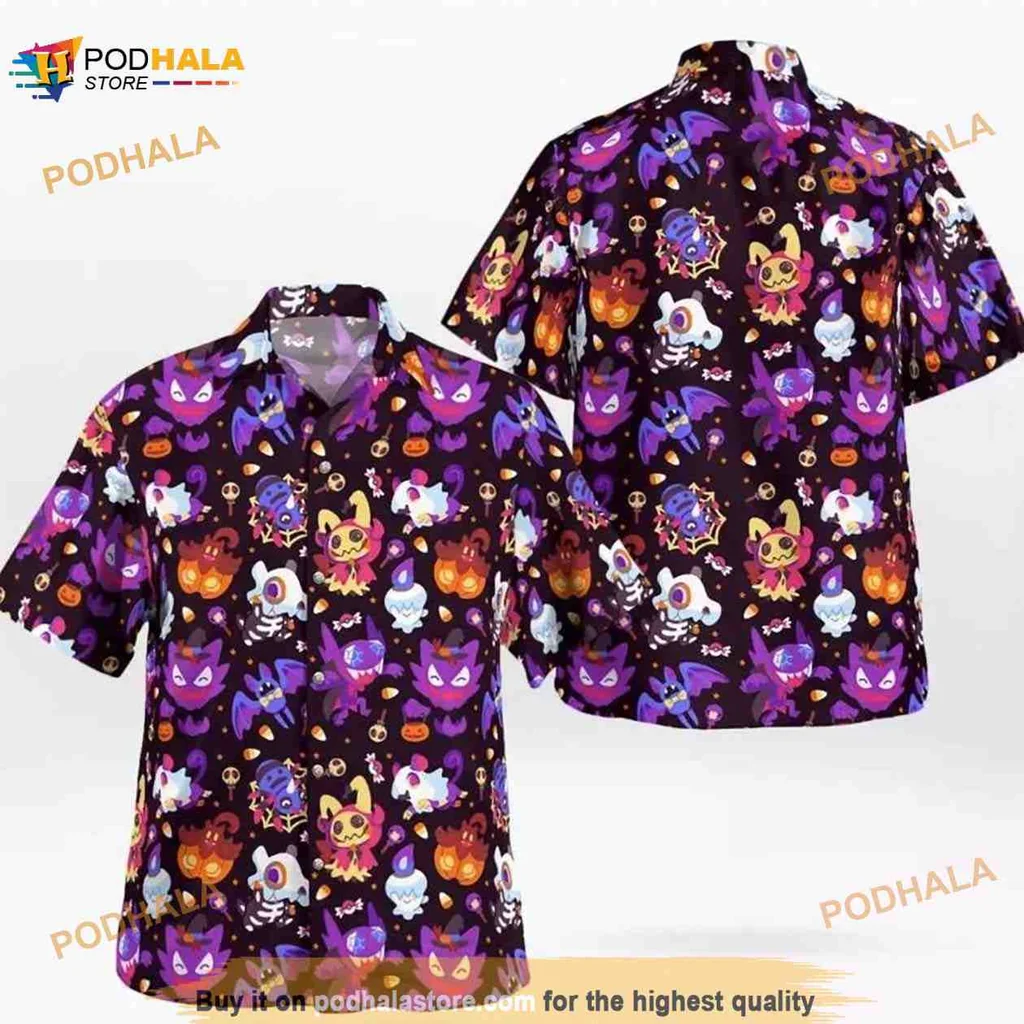 Pokemon Halloween Aloha Shirt Featuring Spooky Characters And Festive Motifs Pokemon Halloween Aloha Shirt Featuring Spooky Characters And Festive Motifs
