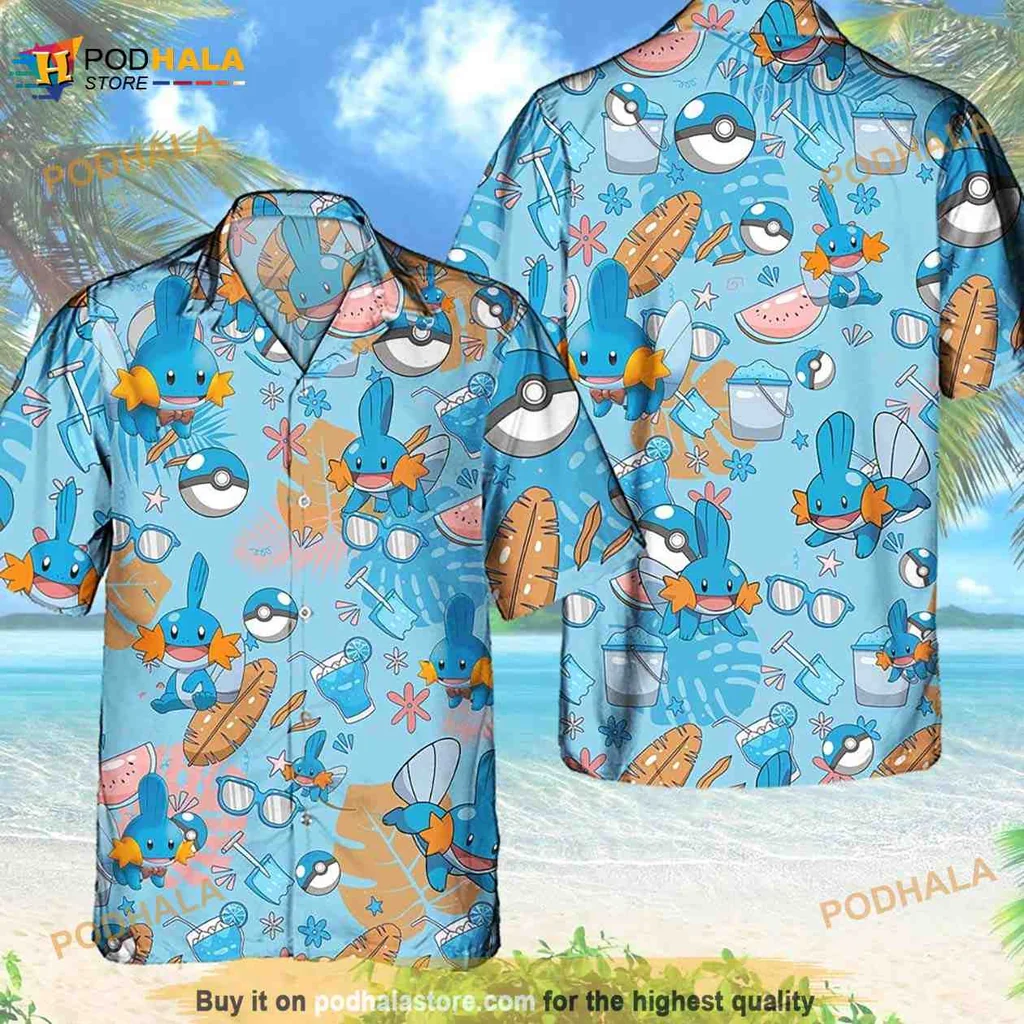 Pokemon Mudkip Hawaiian Shirt Featuring Colorful Anime Design