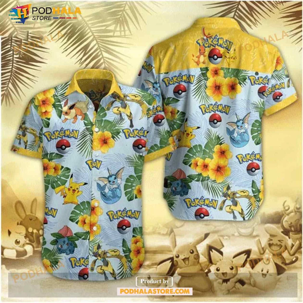 Pokemon Tropical Aloha Shirt With Pikachu And Eevee In Hibiscus Design