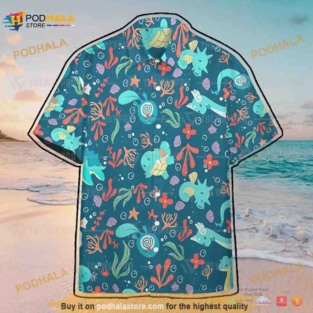 Pokemon Water Aloha Shirt With Cartoon Aquatic Creatures And Coral