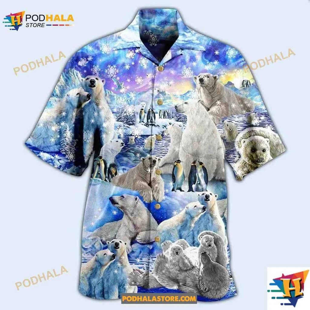 Polar Bear Hawaiian Shirt With Playful Arctic Design And Cub Interaction