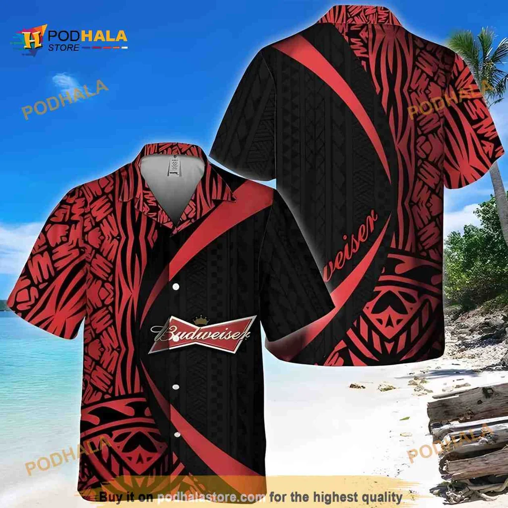 Polynesian Budweiser Hawaiian Shirt With Tribal Patterns And Bold Colors