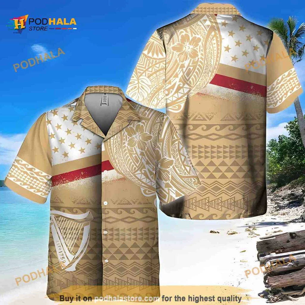 Polynesian Pattern Hawaiian Shirt With Bold Red Stripe For Beach Lovers