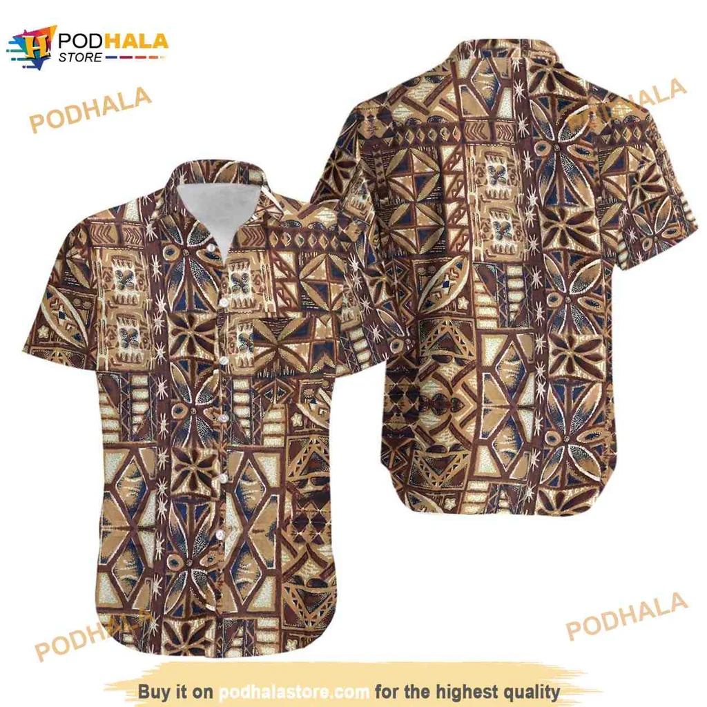 Polynesian Print Hawaiian Shirt With Geometric Patterns And Earthy Tones