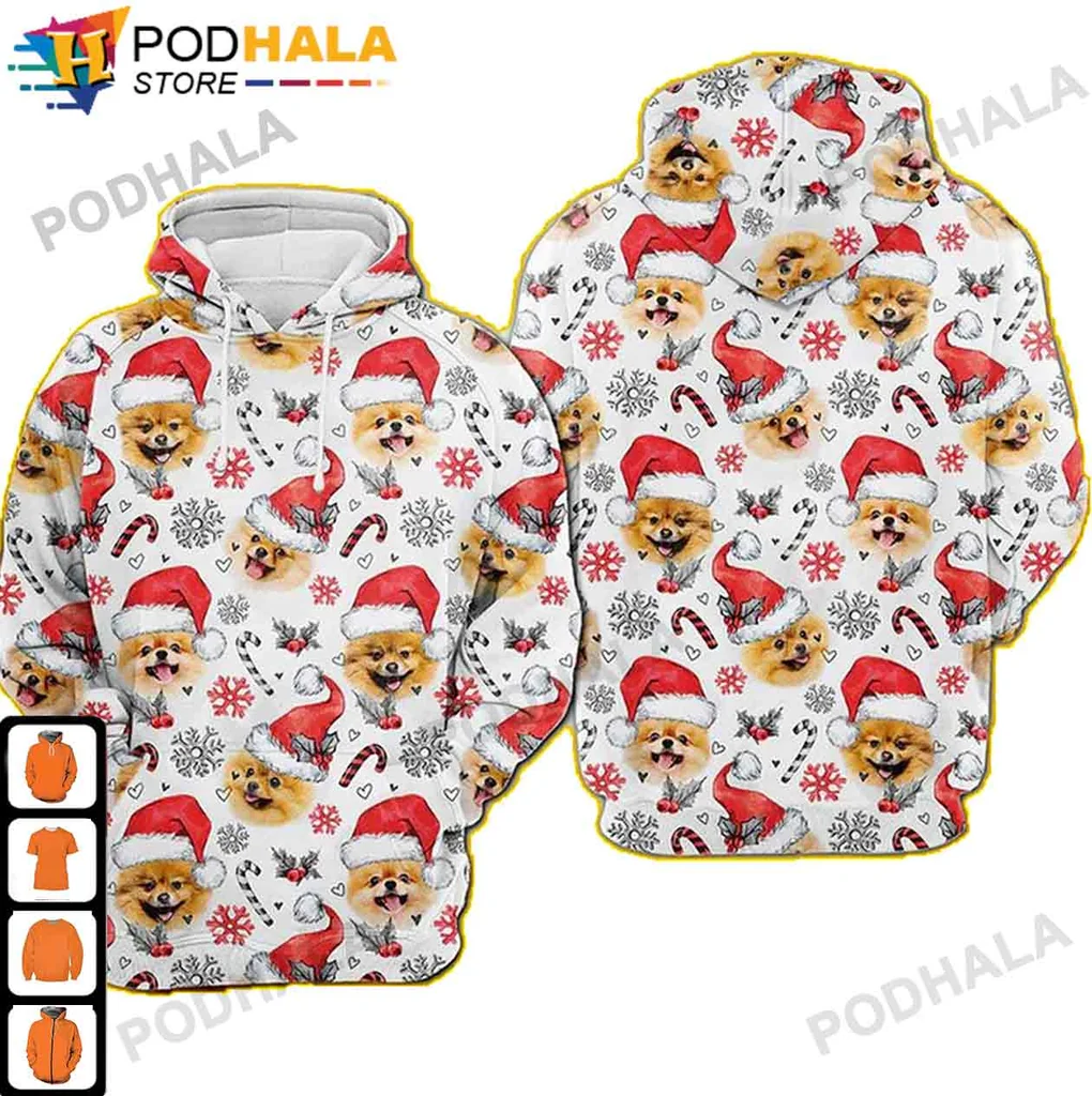Pomeranian Dog Christmas 3d Hoodie Featuring Santa Hats And Festive Design
