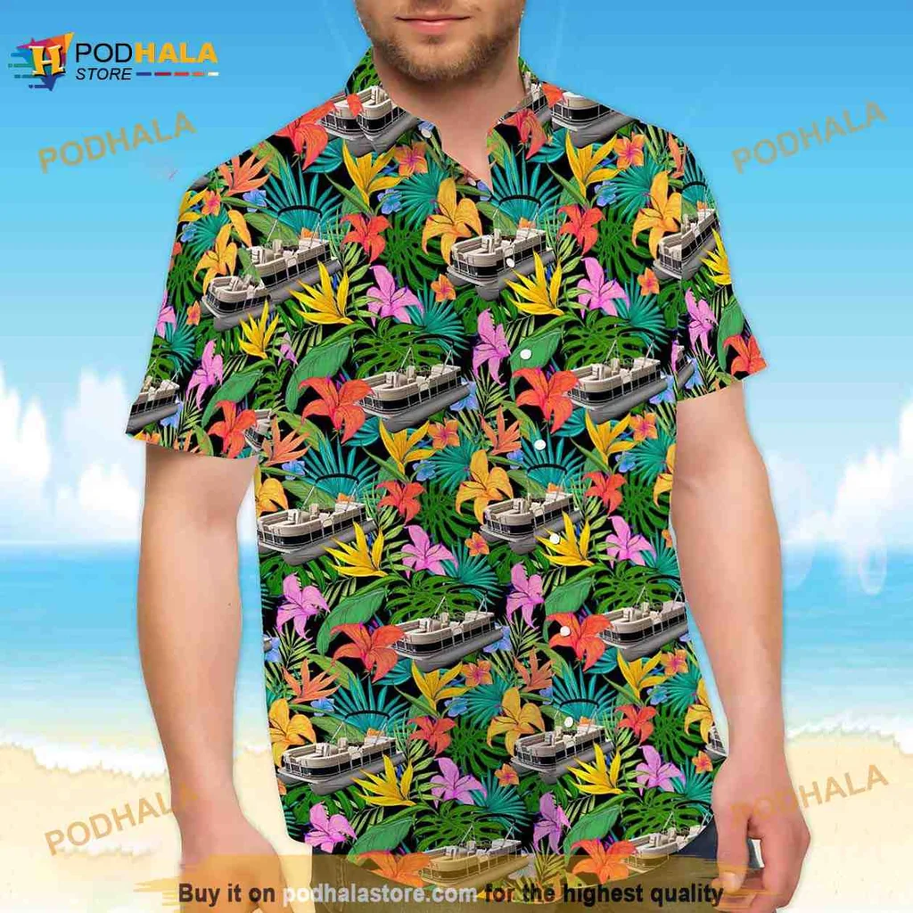 Pontoon Boat Tropical Hawaiian Shirt With Colorful Floral Design
