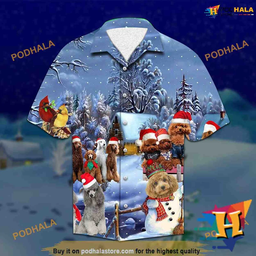 Poodle Christmas Aloha Shirt With Santa Hats And Winter Scene