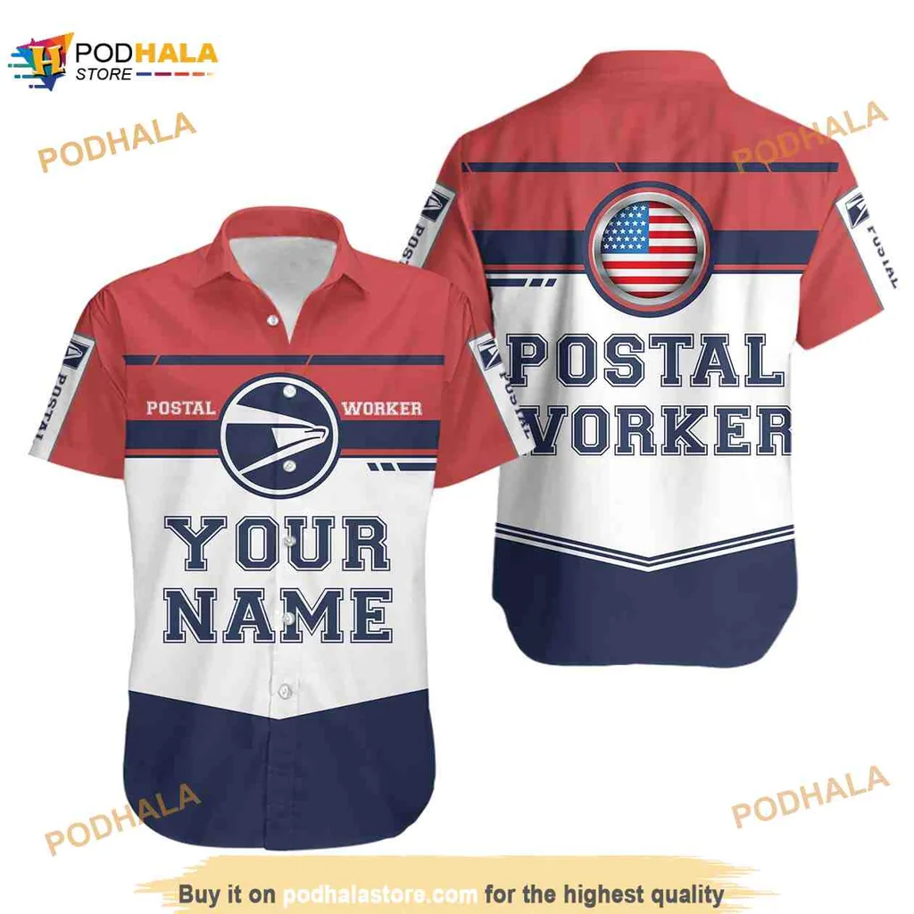 Postal Worker Patriotic Hawaiian Shirt With Emblem And American Flag