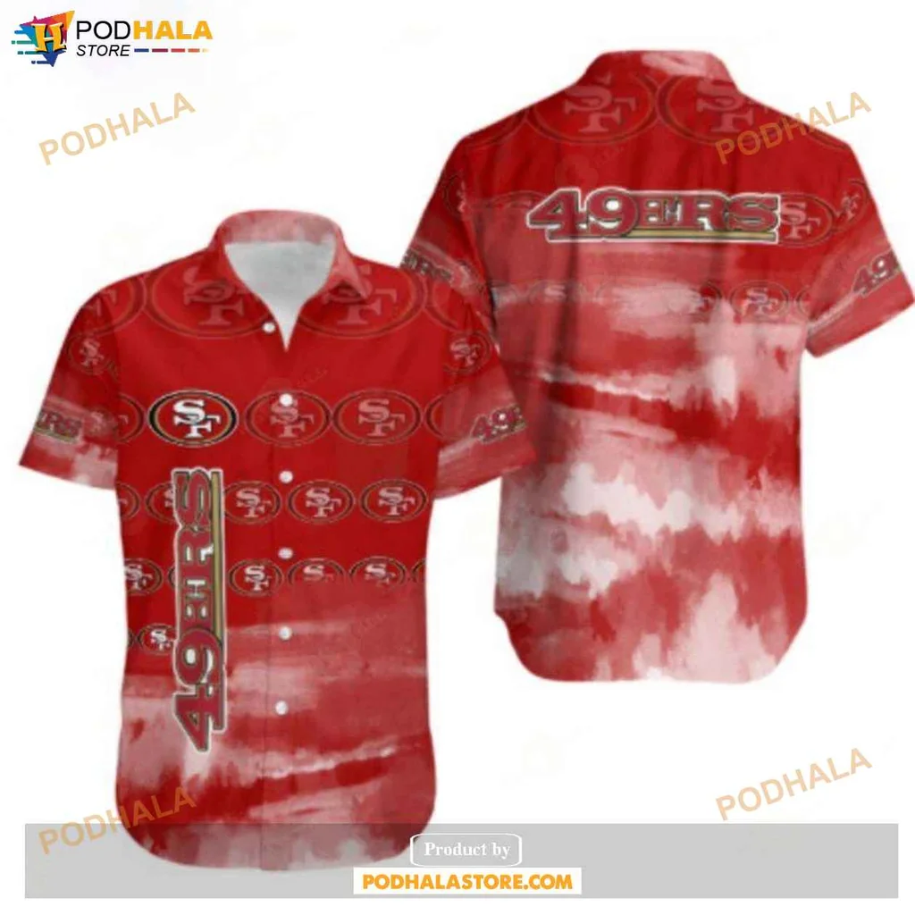 Proud 49ers Fan Hawaiian Shirt, Vibrant Red Tie Dye With Sf Logo And Team Emblem