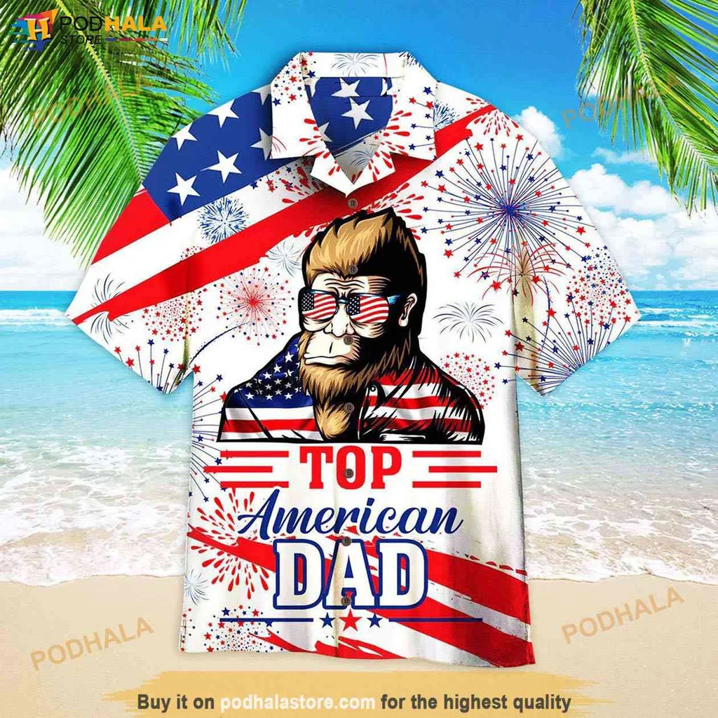 Proud American Dad Aloha Shirt, Bigfoot 4th Of July Hawaiian Shirt For Fathers Day