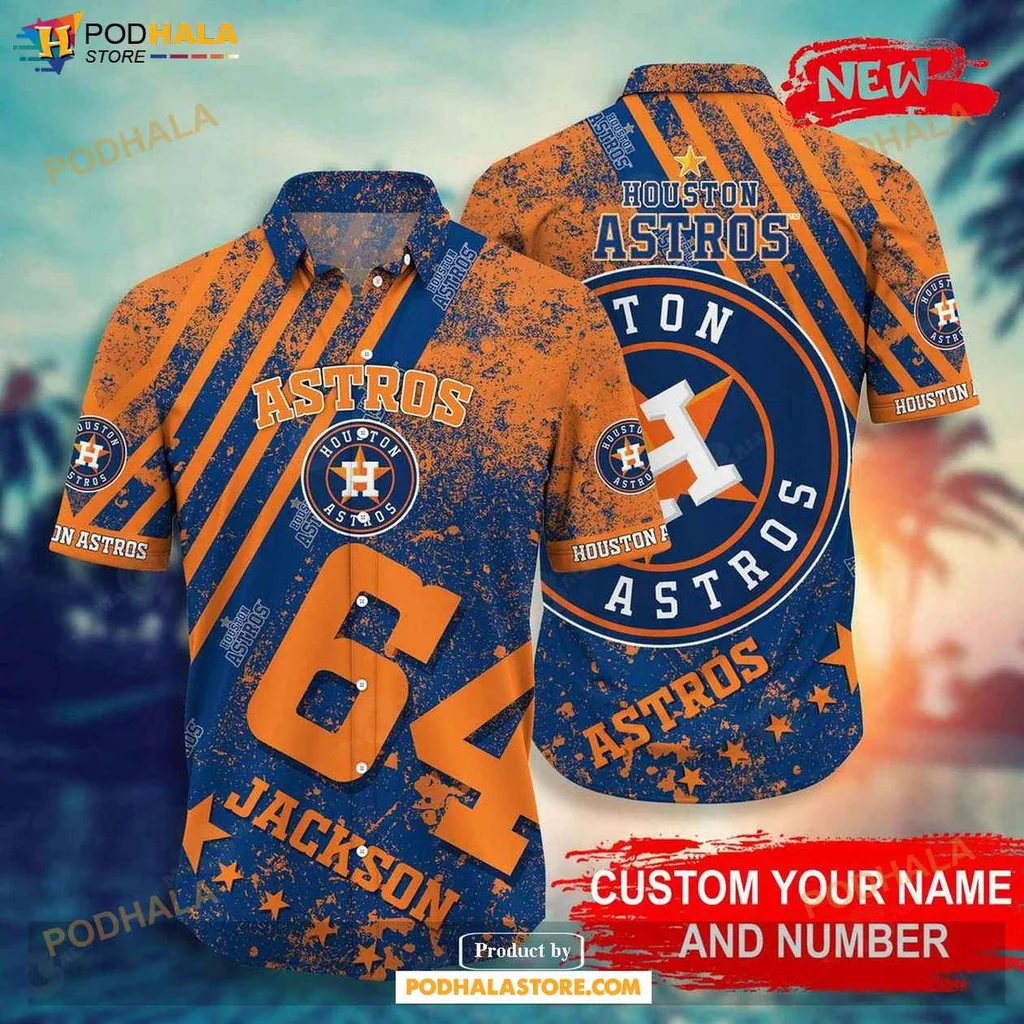 Proud Astros Aloha Shirt, Personalized Jackson 64 Vibrant Orange Navy Shirt