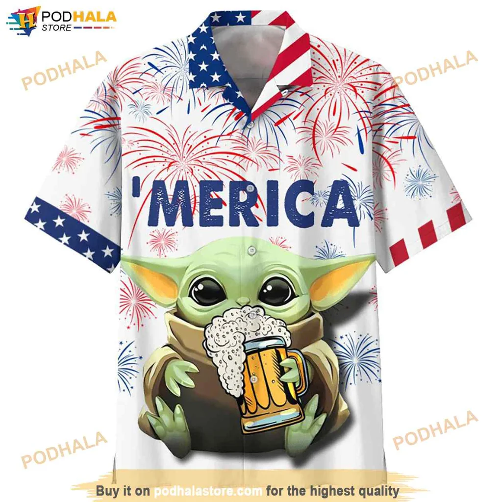 Proud Baby Yoda Hawaiian Shirt, Beer Mug Graphic With Fireworks And Merica Design
