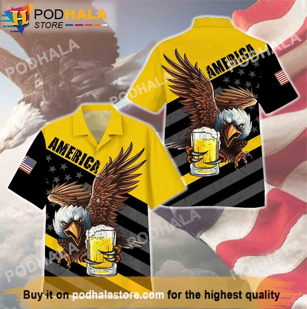 Proud Bald Eagle Hawaiian Shirt, Vibrant Beer Themed Gift For Patriots