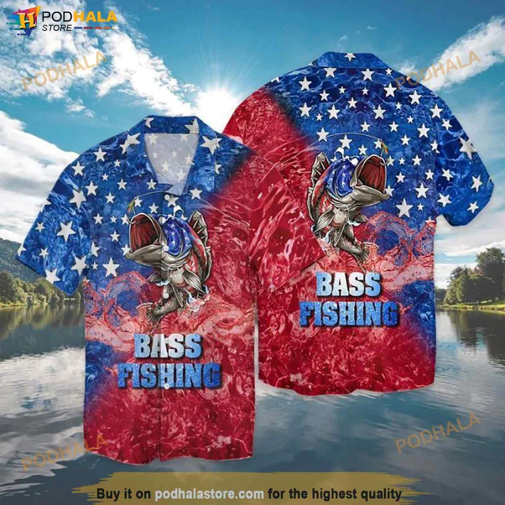 Proud Bass Fishing Hawaiian Shirt, Patriotic Bass Design For Summer Fun