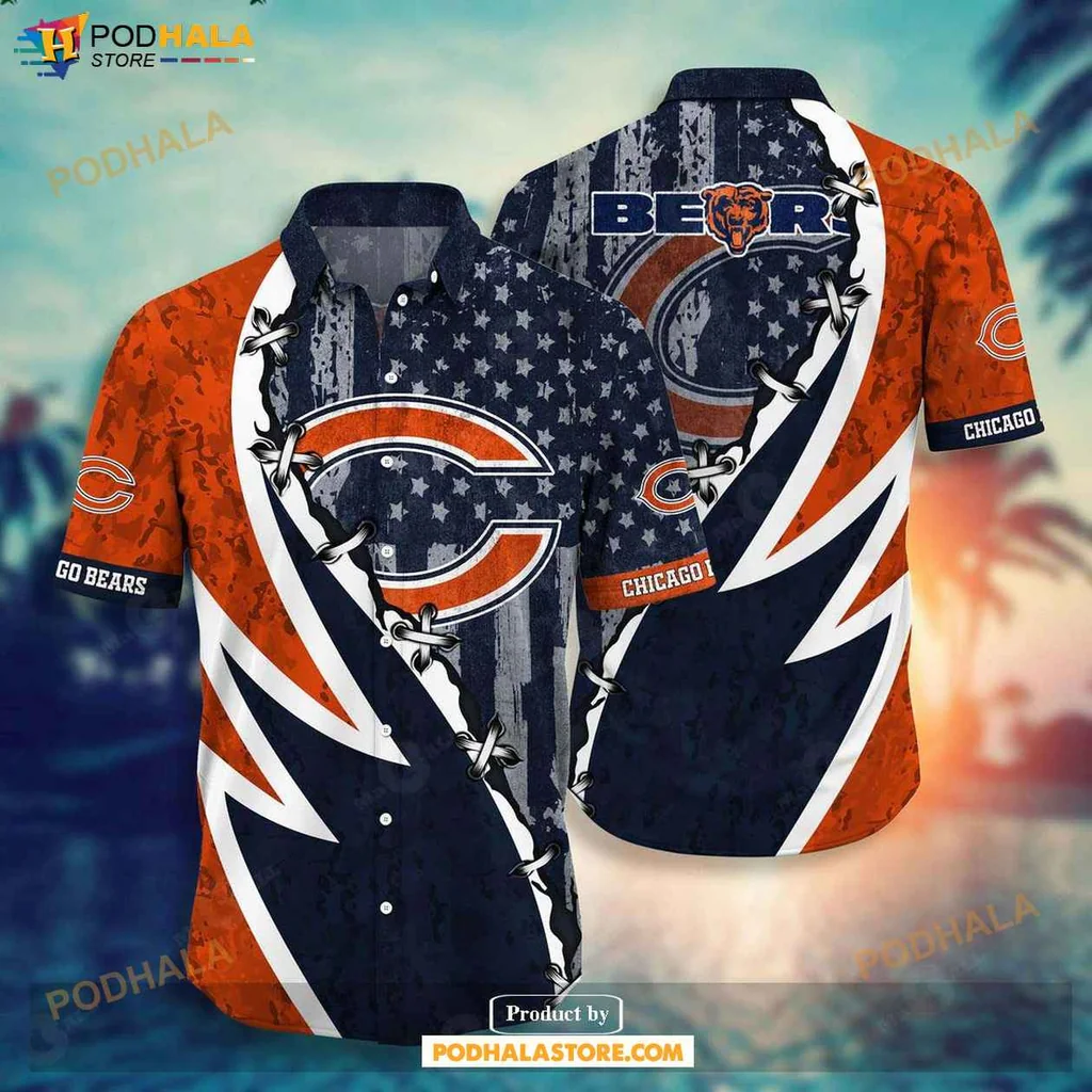 Proud Bears Fan Hawaiian Shirt, Vibrant Chicago Bears Design With American Flag And Logo