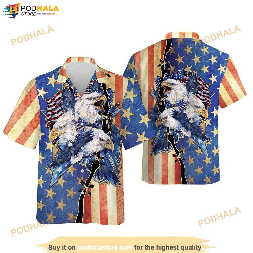 Proud Eagle Aloha Shirt, Patriotic American Flag Design Shirt