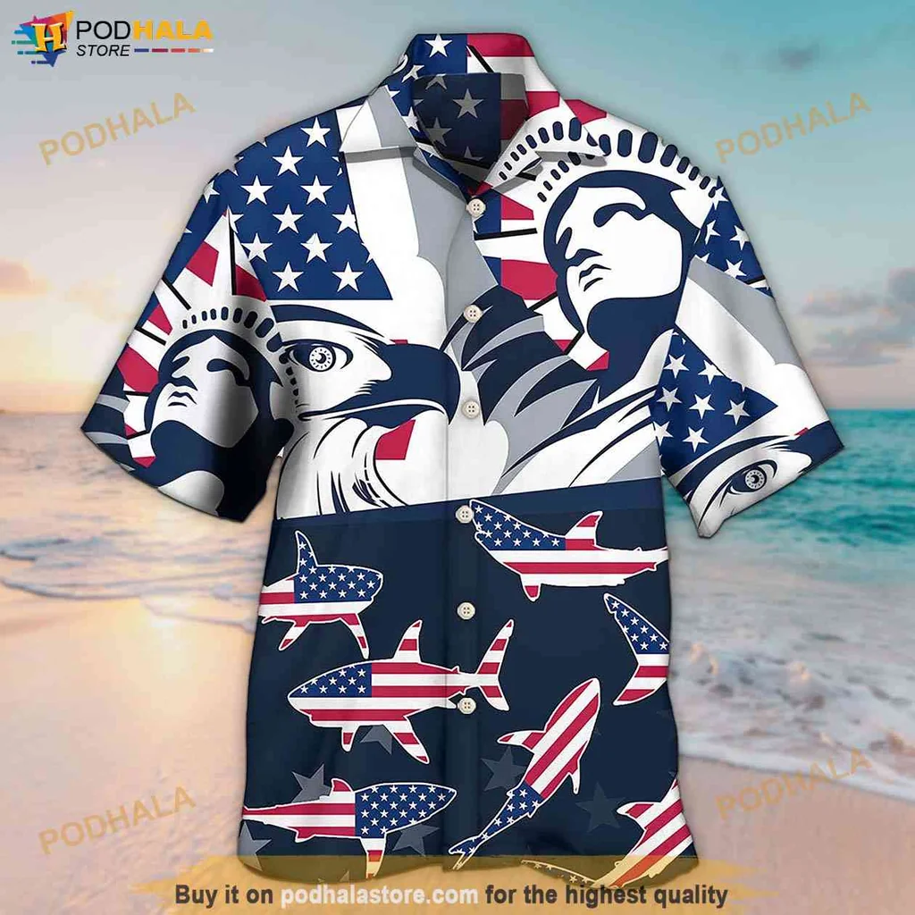 Proud Eagle Aloha Shirt, Patriotic Shark 4th Of July Shirt With American Flag Design