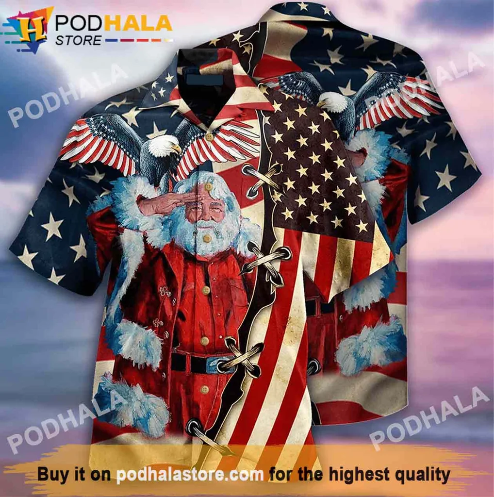 Proud Eagle Santa Hawaiian Shirt, Patriotic Christmas Tee With Festive Design