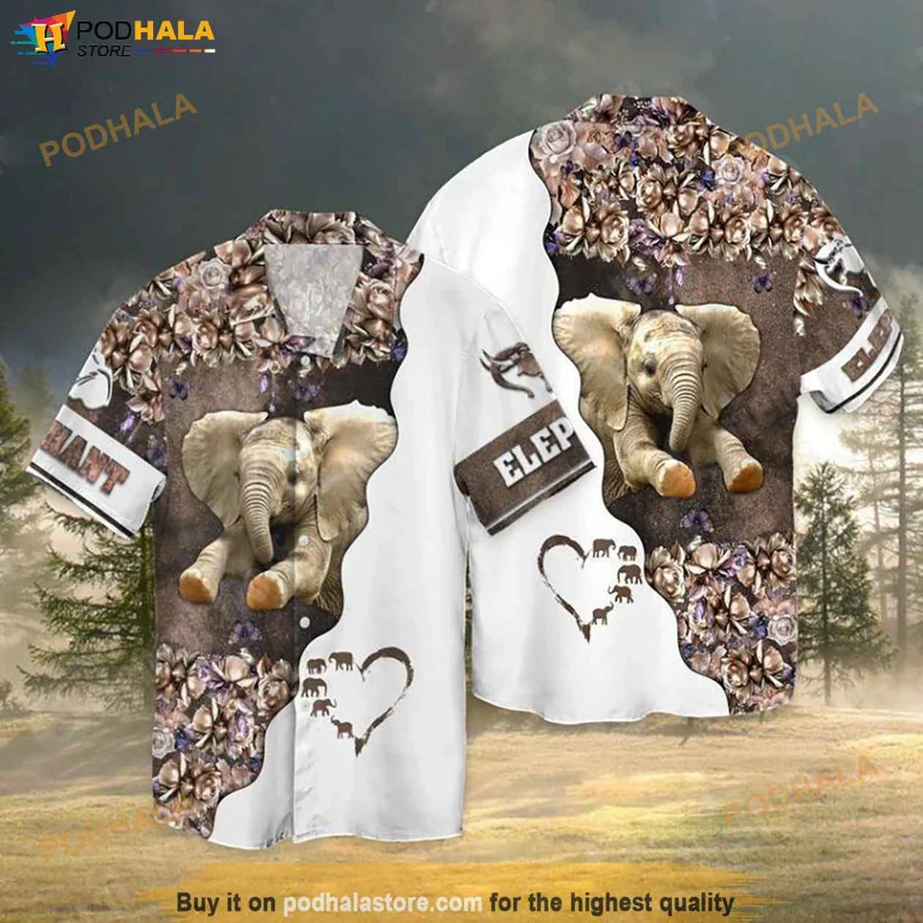 Proud Elephant Lover Hawaiian Shirt, Tropical Design With Earthy Tones And Floral Accents