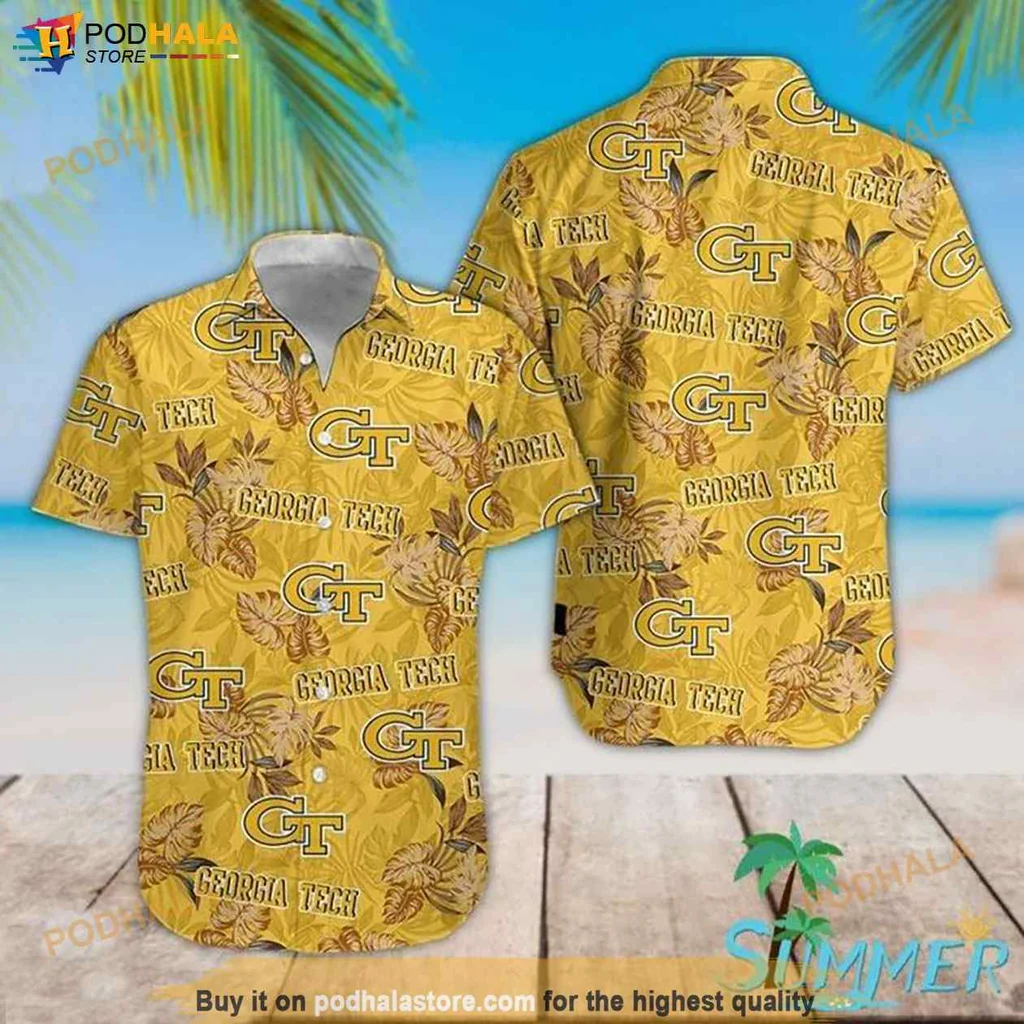 Proud Georgia Tech Hawaiian Shirt, Vibrant Yellow Floral Design For Fans