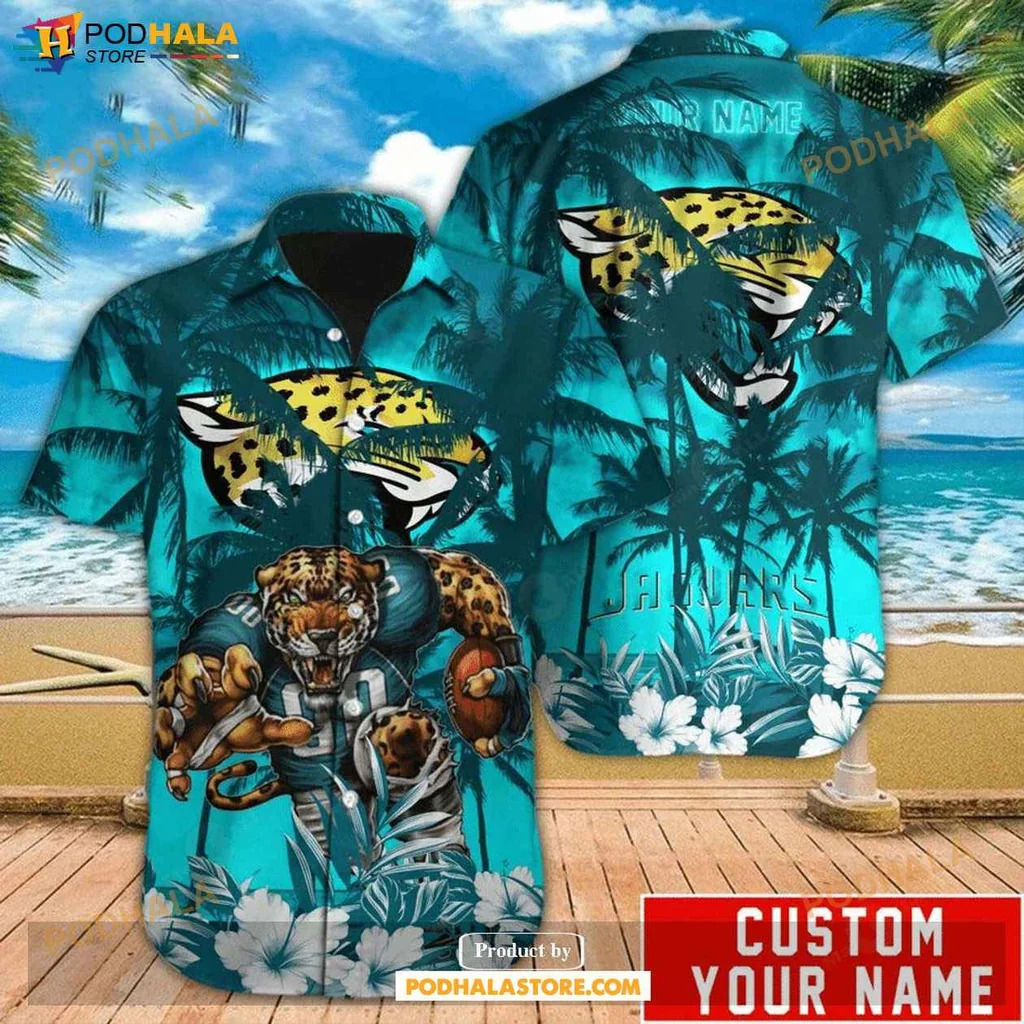 Proud Jaguar Fan Hawaiian Shirt, Vibrant Teal And Black Design With Tropical Elements