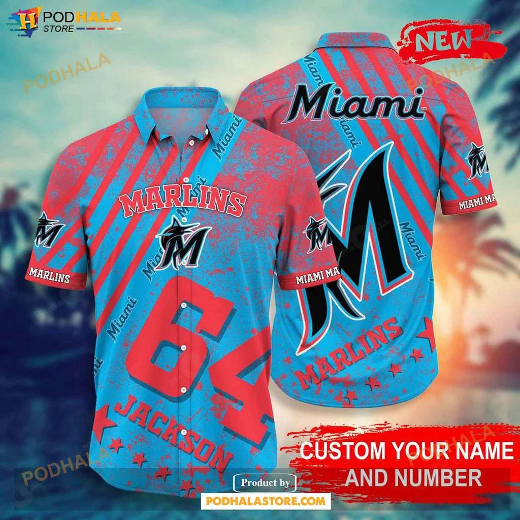 Proud Marlins Aloha Shirt, Personalized Summer Shirt With Miami Marlins Logo And Name 64 Jackson