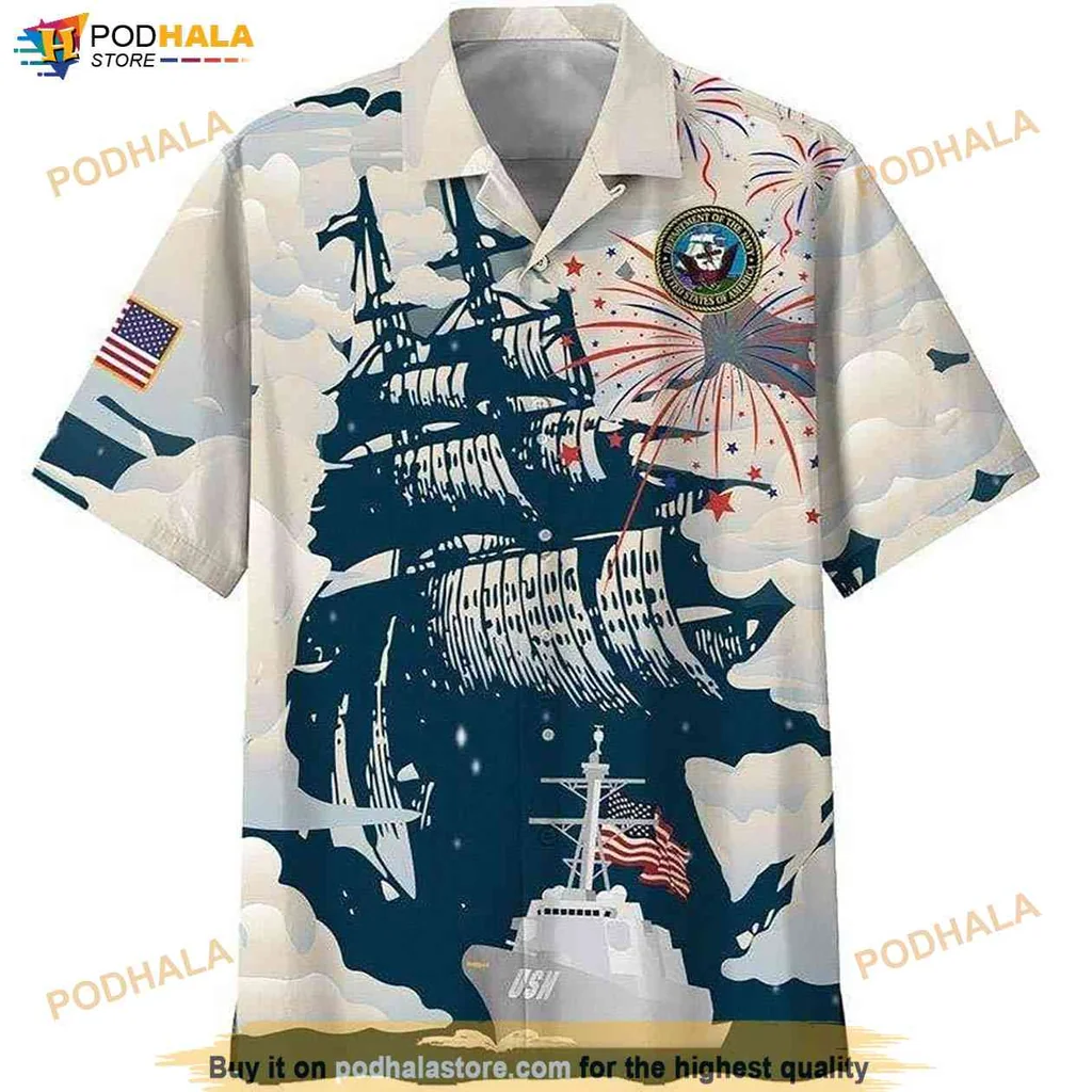 Proud Navy Aloha Shirt, Independence Day Navy Veteran 4th Of July Tee