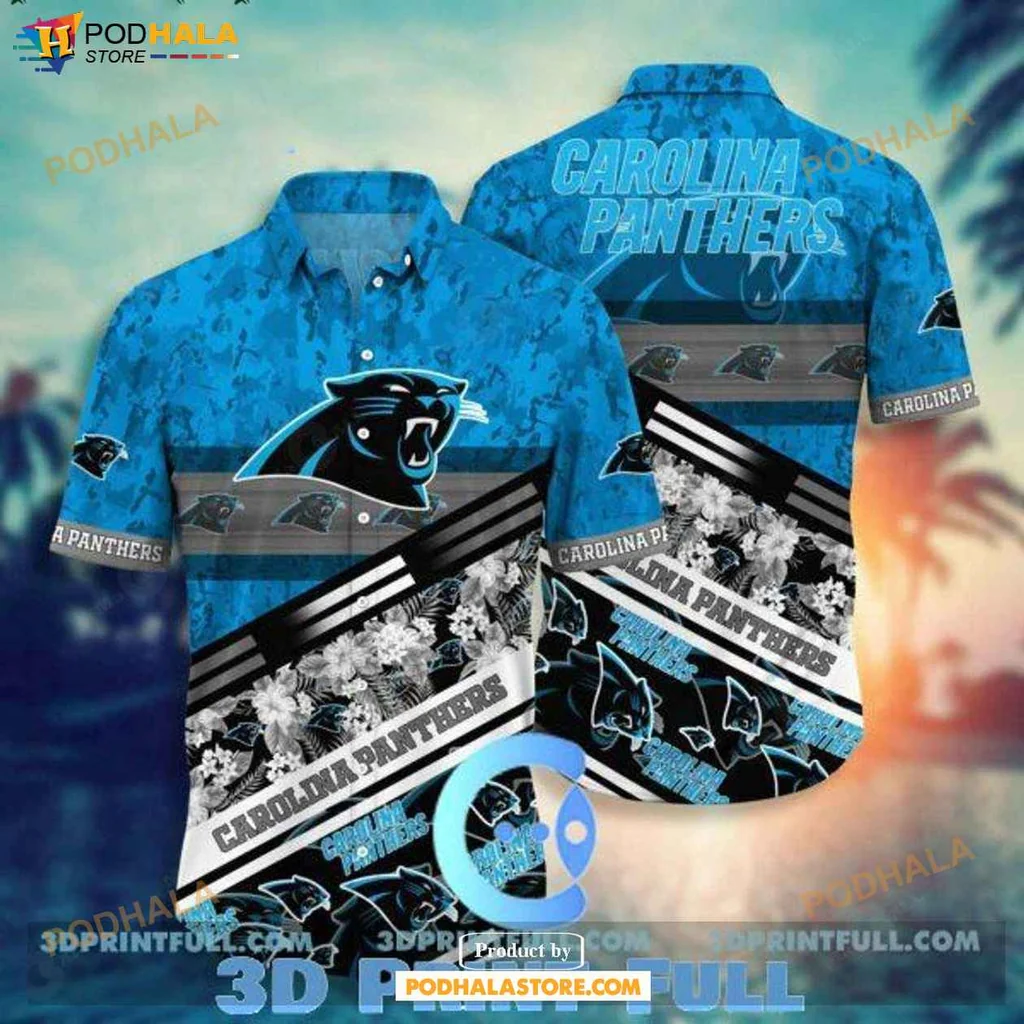 Proud Panthers Fan Hawaiian Shirt, Vibrant Tropical Design With Carolina Panthers Logo