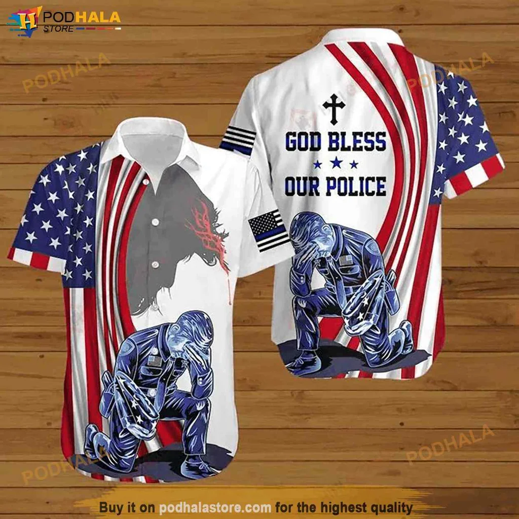 Proud Police Support Hawaiian Shirt, God Bless Our Police American Flag Tee