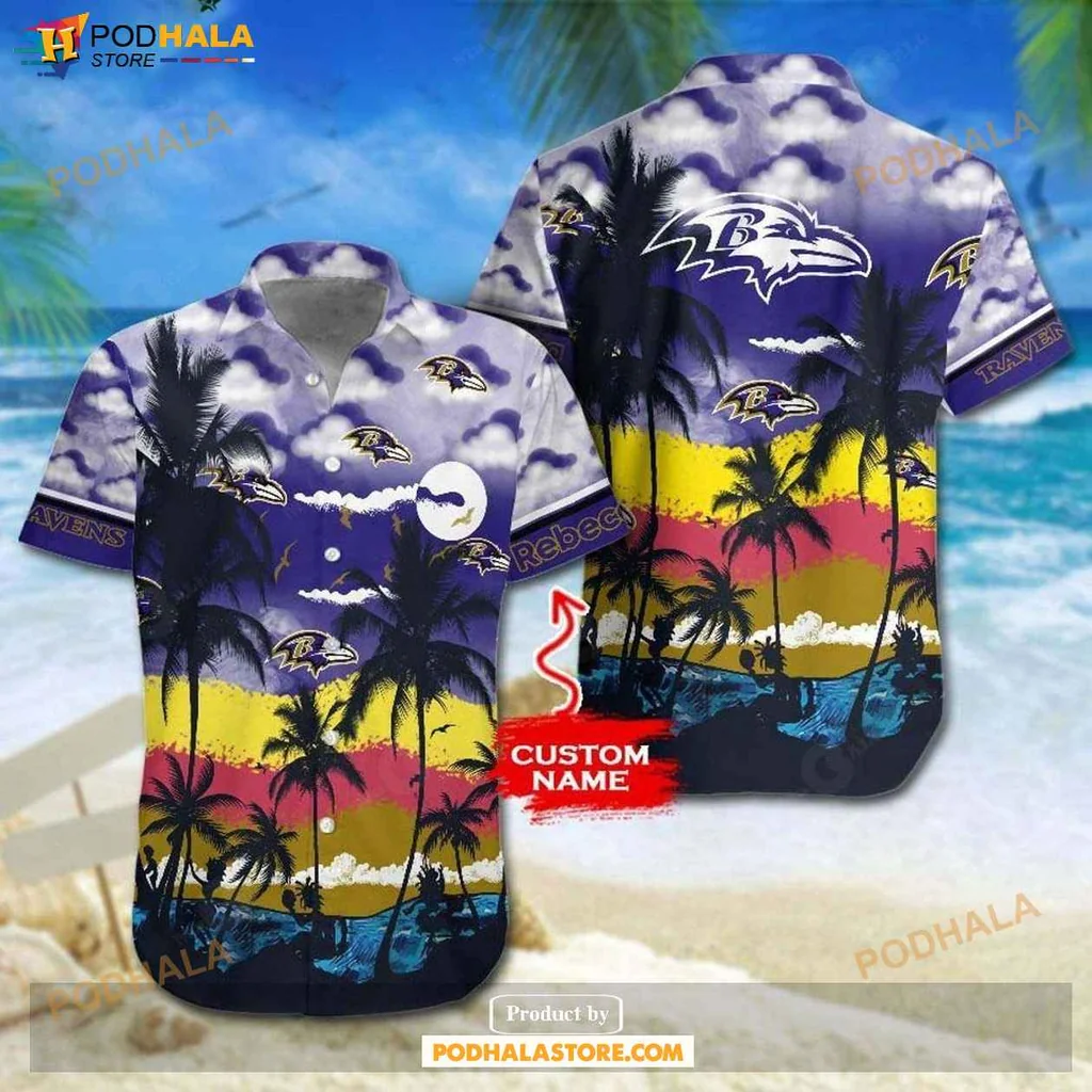 Proud Ravens Fan Hawaiian Shirt, Vibrant Tropical Design With Palm Trees And Sunset
